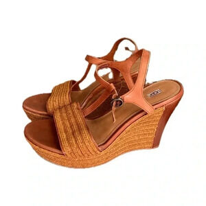 UGG Brown‎ Leather Espadrille Strappy Woven Platform Wedge Heel Sandals size 10